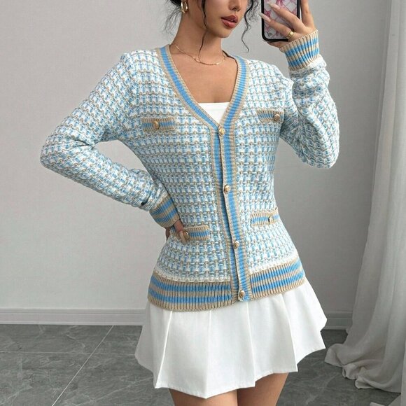 Light Blue Casual Women's Contrast Color Casual Long Sleeve Cardigan - Picture 4 of 5